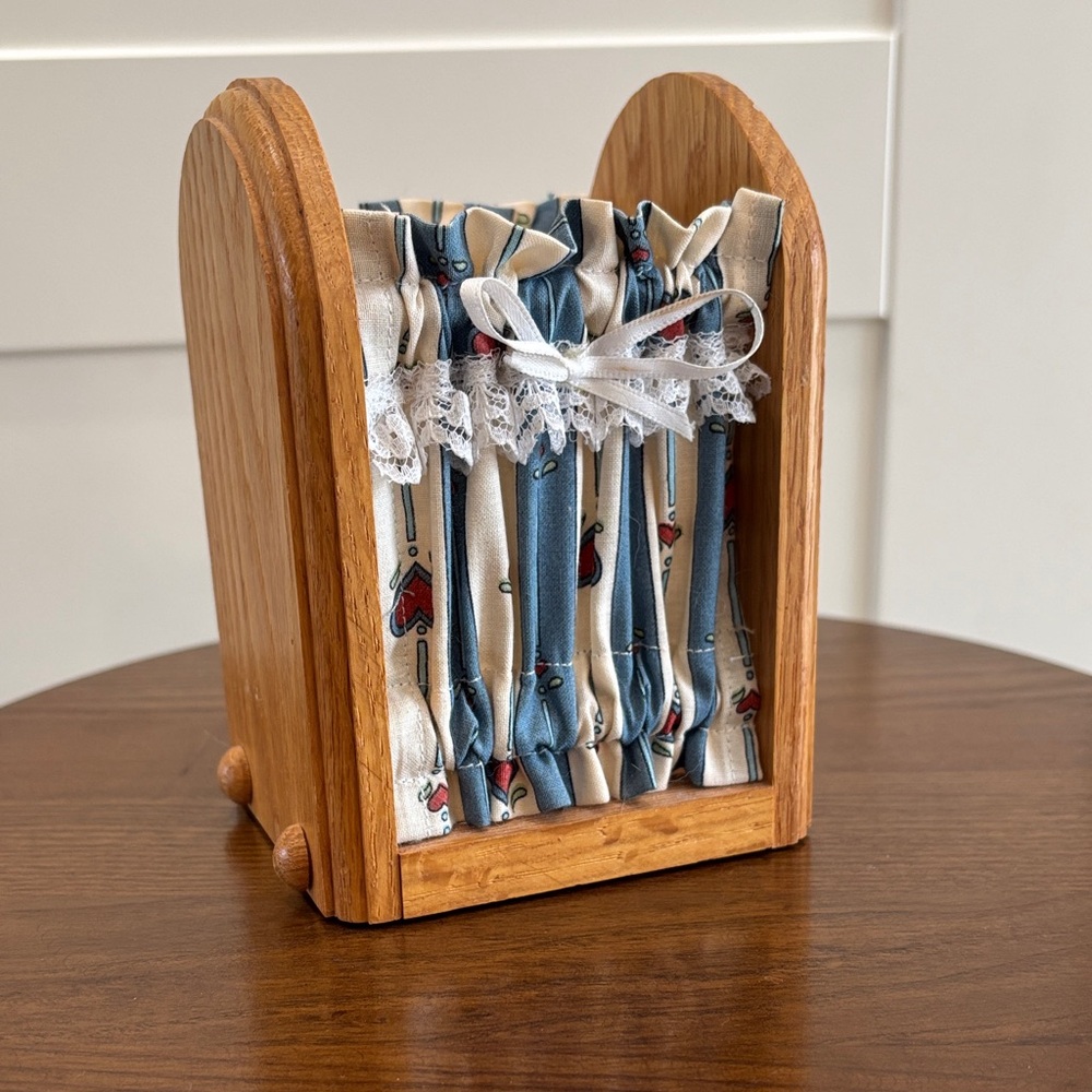 Handmade Wooden Napkin Holder with Blue & Cream Fabric